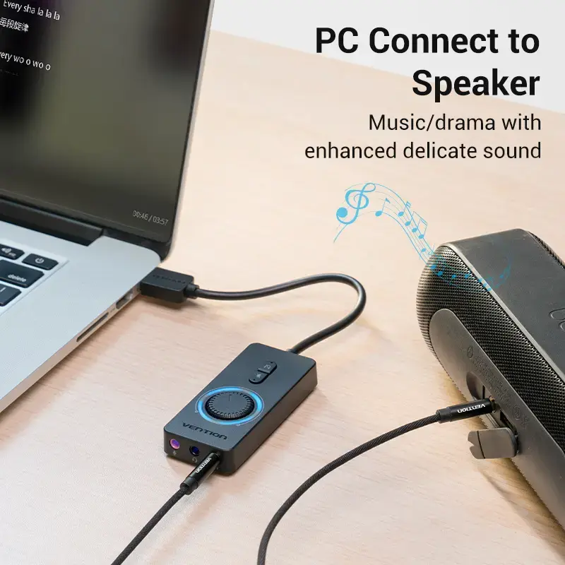 Vention USB 2.0 ārējais stereo skaņas adapteris ar skaļuma regulēšanu 0,15 m melns ABS