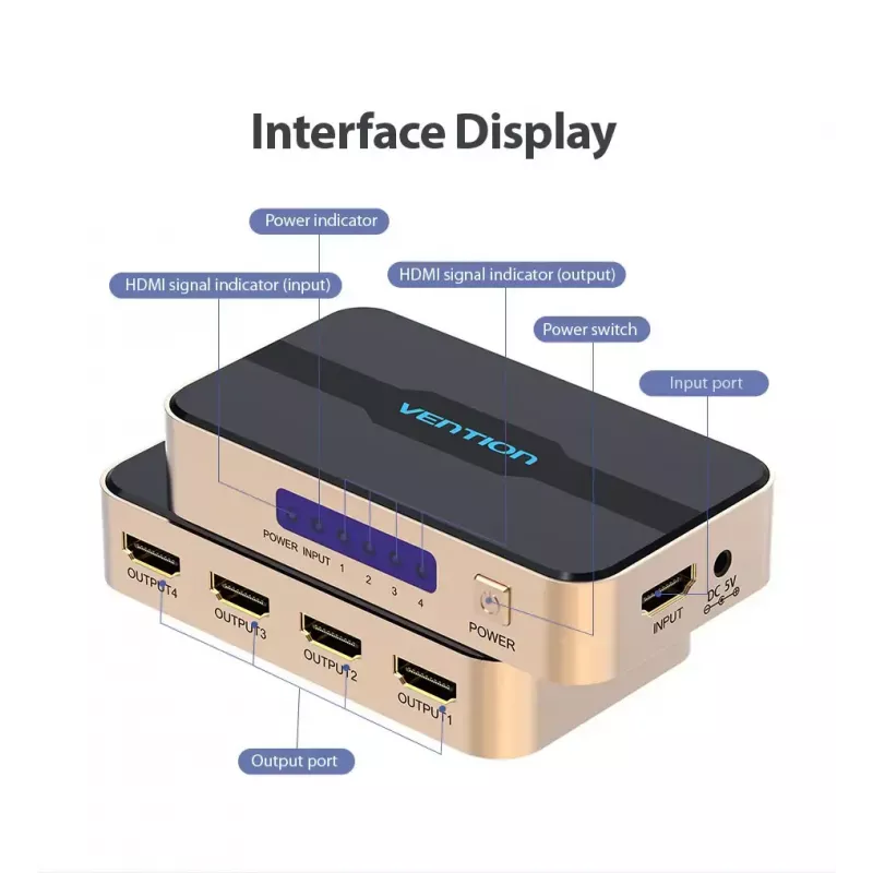 HDMI sadalītājs Vention 1 ieeja 4 izejas 4K@30Hz zelta alumīnija sakausējums