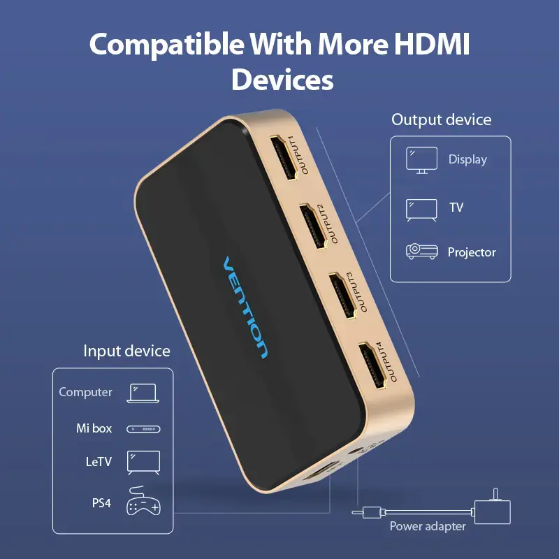 HDMI sadalītājs Vention 1 ieeja 4 izejas 4K@30Hz zelta alumīnija sakausējums