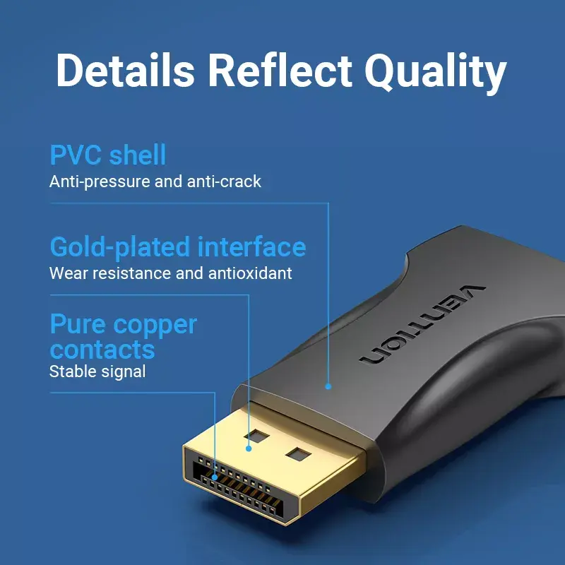 DisplayPort–HDMI adapteris Vention HBOB0, DisplayPort spraudnis (vīrišķais) uz HDMI ligzdu (siev. veida), melns, apzeltīti kontakti