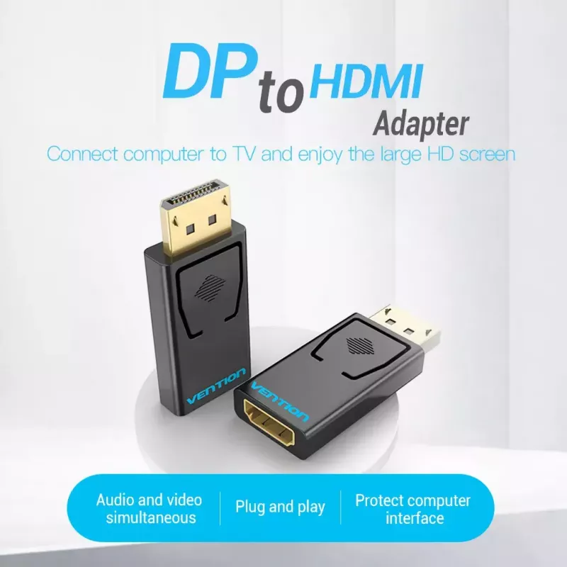 DisplayPort–HDMI adapteris Vention HBKB0 — DP spraudnis uz HDMI ligzdu, melns, ar zeltītiem kontaktiem
