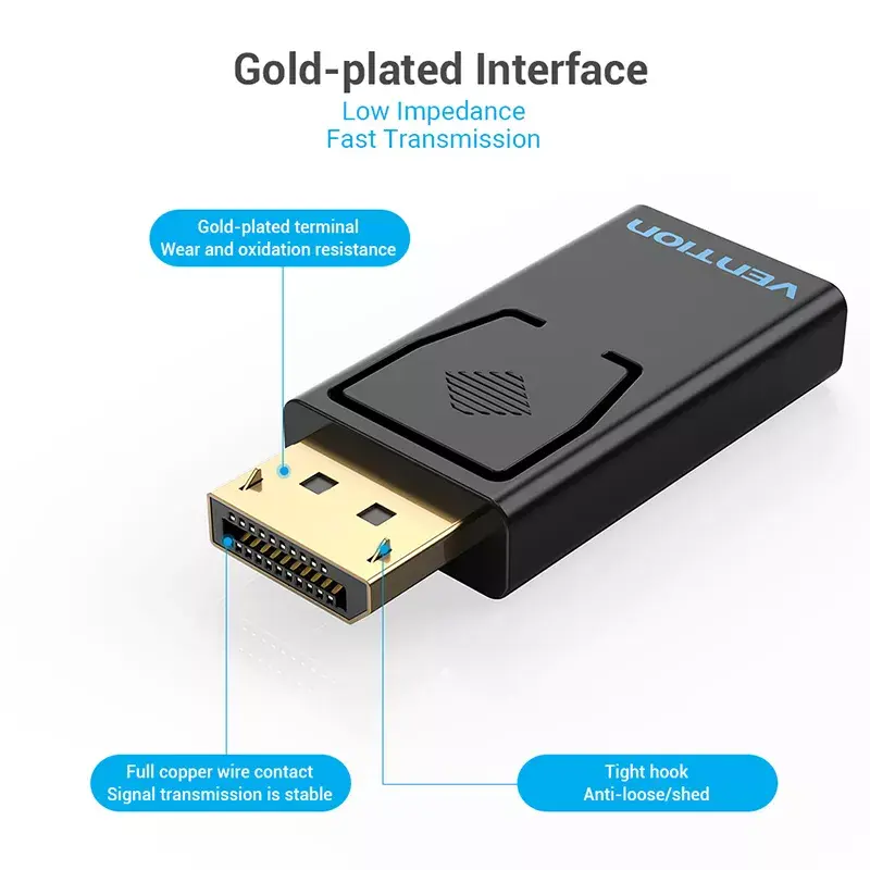 DisplayPort–HDMI adapteris Vention HBKB0 — DP spraudnis uz HDMI ligzdu, melns, ar zeltītiem kontaktiem