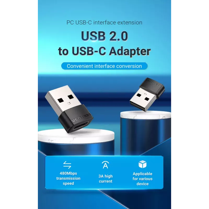 USB Adapter Vention CDWB0 USB 2.0 tēviņa savienotājs uz USB-C sievišķo savienotāju, melns PVC