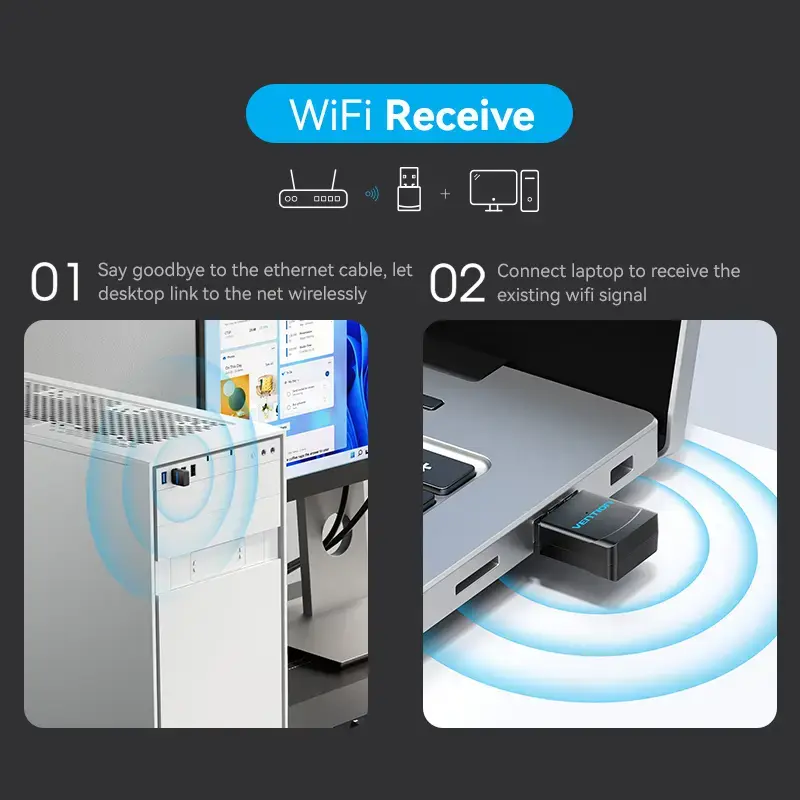 Vention USB Wi-Fi divjoslu adapteris 2.4G/5G melns bezvadu USB 433 Mbit/s