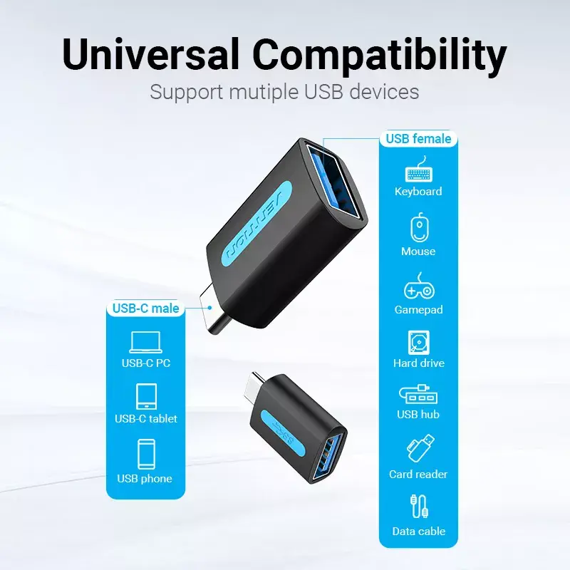 Vention USB-C uz USB 3.0 OTG adapteris CDUB0 — USB-C vīrišķais savienotājs uz USB-A sievišķo savienotāju, melns PVC, niķelēti kontakti