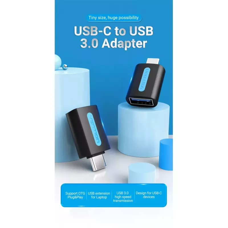 Vention USB-C uz USB 3.0 OTG adapteris CDUB0 — USB-C vīrišķais savienotājs uz USB-A sievišķo savienotāju, melns PVC, niķelēti kontakti