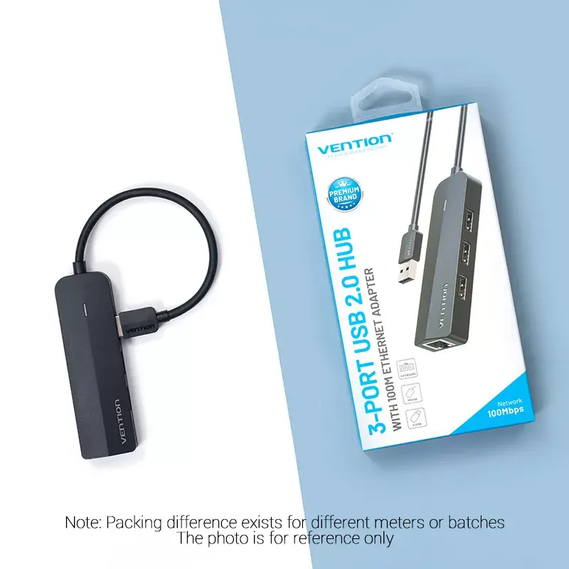 USB 2.0 centrmezgls Vention 3 portu ar 100M Ethernet adapteri, USB 2.0 resursdators, 4 porti, melns