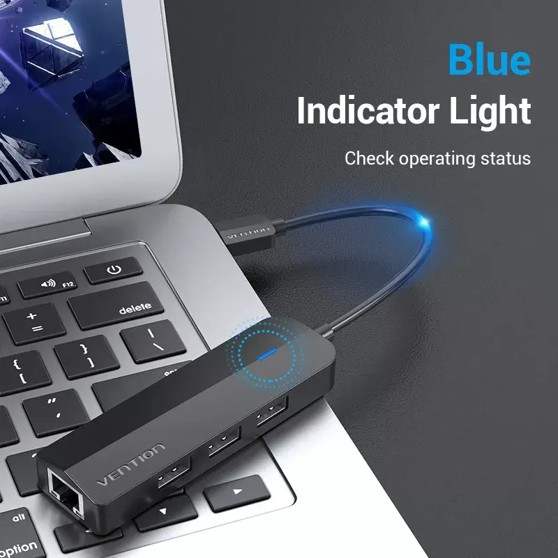 USB 2.0 centrmezgls Vention 3 portu ar 100M Ethernet adapteri, USB 2.0 resursdators, 4 porti, melns