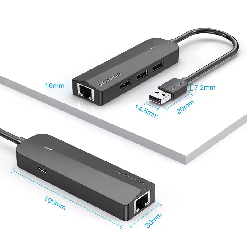 USB 2.0 centrmezgls Vention 3 portu ar 100M Ethernet adapteri, USB 2.0 resursdators, 4 porti, melns