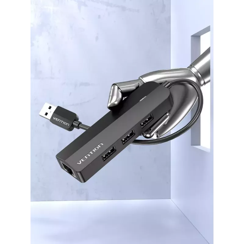 USB 2.0 centrmezgls Vention 3 portu ar 100M Ethernet adapteri, USB 2.0 resursdators, 4 porti, melns