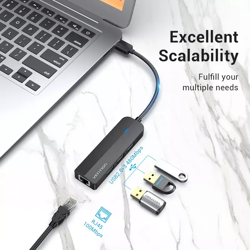 USB 2.0 centrmezgls Vention 3 portu ar 100M Ethernet adapteri, USB 2.0 resursdators, 4 porti, melns