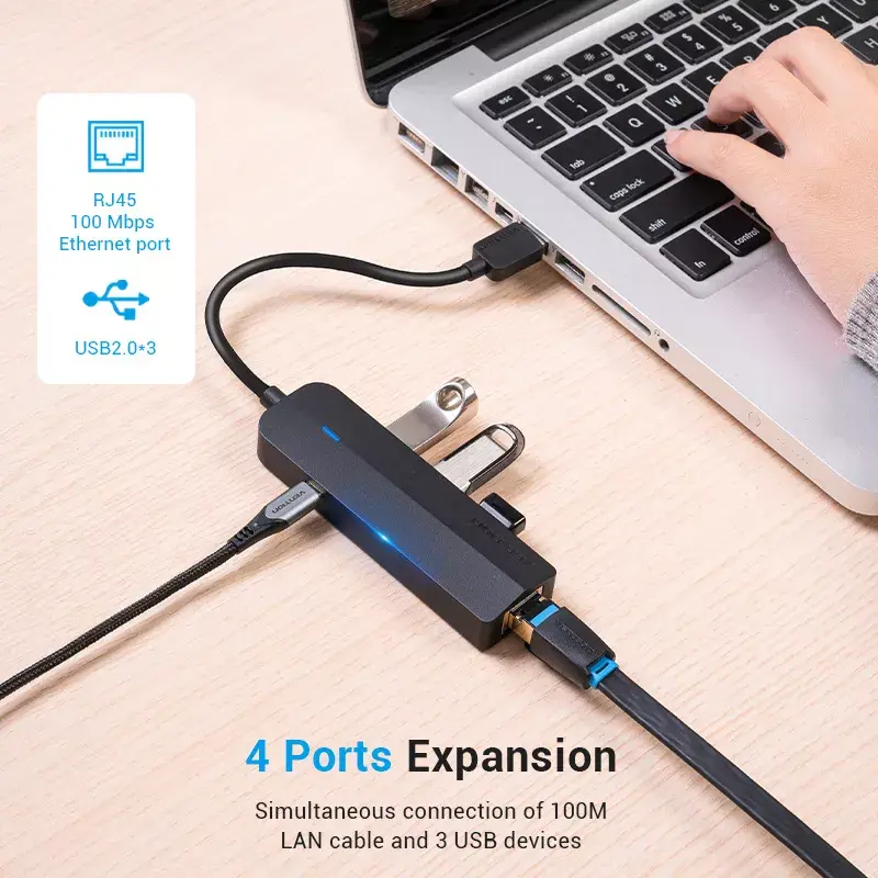 USB 2.0 centrmezgls Vention 3 portu ar 100M Ethernet adapteri, USB 2.0 resursdators, 4 porti, melns