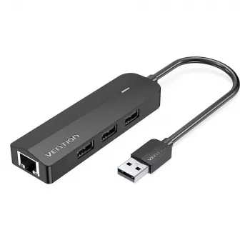 USB 2.0 centrmezgls Vention 3 portu ar 100M Ethernet adapteri, USB 2.0 resursdators, 4 porti, melns