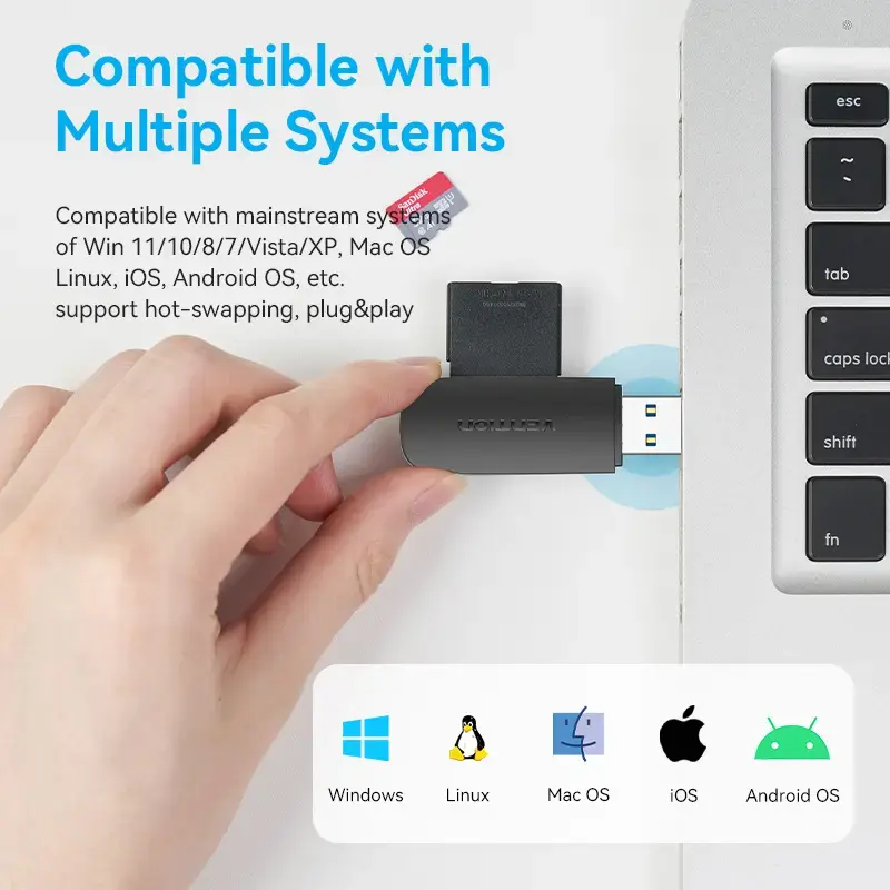 Vention 2-in-1 USB 3.2 Gen 1 (USB 3.0) karšu lasītājs — SD un MicroSD, melns, kompakts