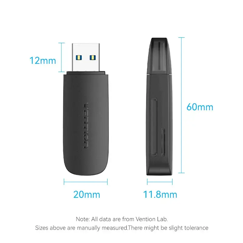 Vention 2-in-1 USB 3.2 Gen 1 (USB 3.0) karšu lasītājs — SD un MicroSD, melns, kompakts