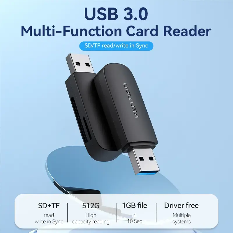 Vention 2-in-1 USB 3.2 Gen 1 (USB 3.0) karšu lasītājs — SD un MicroSD, melns, kompakts