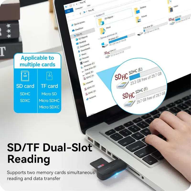 Vention 2-in-1 USB 3.2 Gen 1 (USB 3.0) karšu lasītājs — SD un MicroSD, melns, kompakts