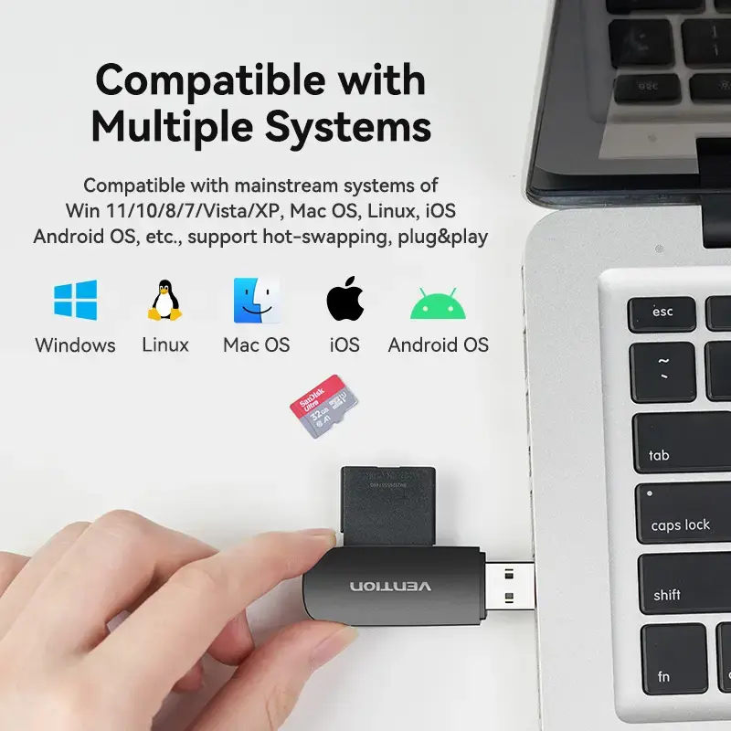 Vention 2-in-1 USB 3.0 A karšu lasītājs SD+TF, USB 3.2 Gen 1, 5000 Mbit/s, melns