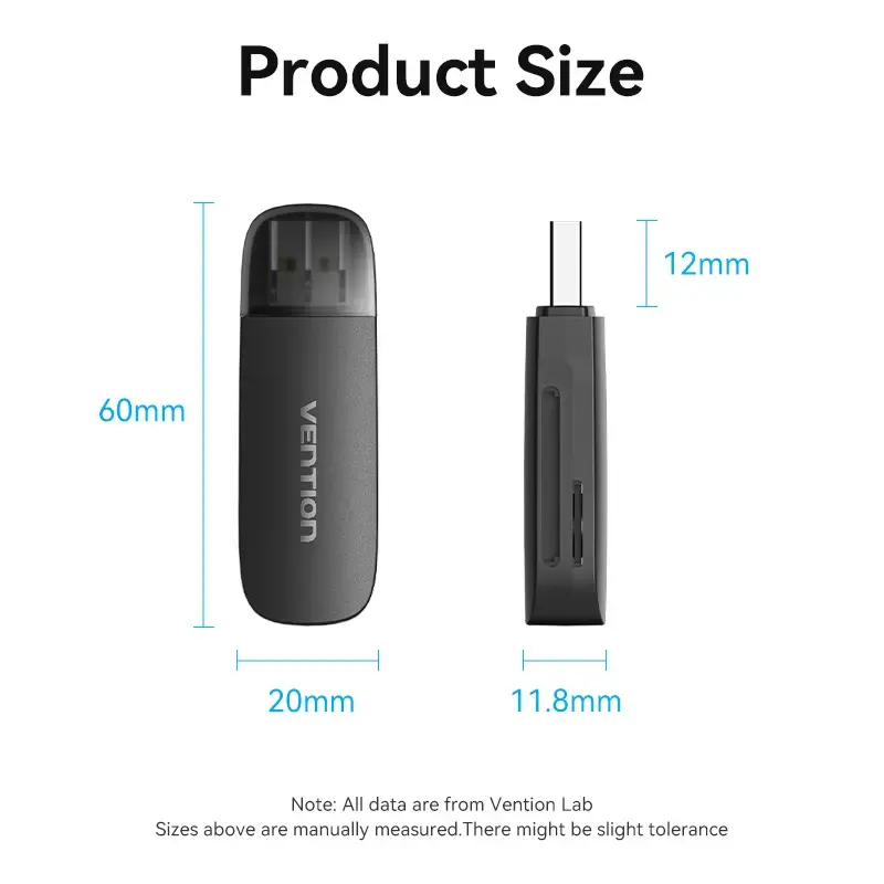 Vention 2-in-1 USB 3.0 A karšu lasītājs SD+TF, USB 3.2 Gen 1, 5000 Mbit/s, melns