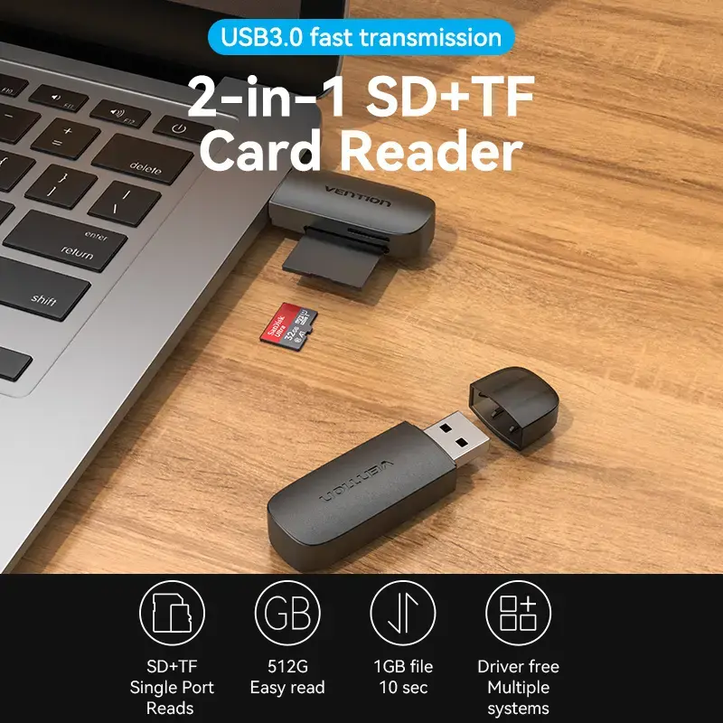 Vention 2-in-1 USB 3.0 A karšu lasītājs SD+TF, USB 3.2 Gen 1, 5000 Mbit/s, melns