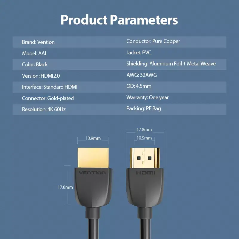 Vention Portable HDMI kabelis 0.5M Melns HDMI 2.0 18 Gbit/s
