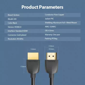Vention Portable HDMI kabelis 1M Melns 2.0 18 Gbit/s