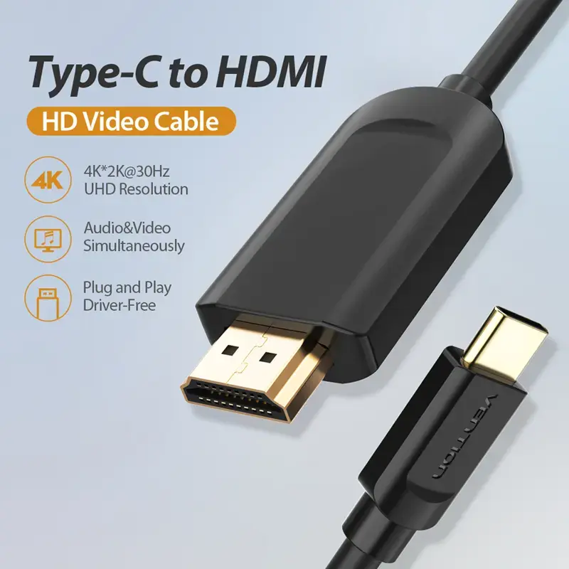 Vention C tipa uz HDMI kabelis 2 m, melns, USB C tips-HDMI
