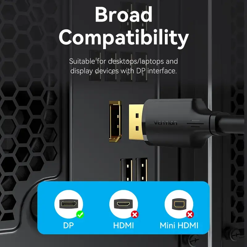 DisplayPort vīriešu-vīriešu kabelis Vention 1,5 m, 4K HD, melns, 6 mm diametrs