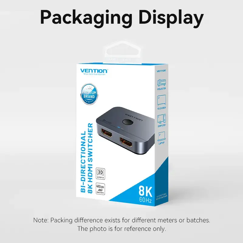 Vention 2-portu divvirzienu 8K HDMI slēdzis AKPH0, HDMI 2.1, 7680×4320@60Hz, USB-C barošana, alumīnijs, pelēks