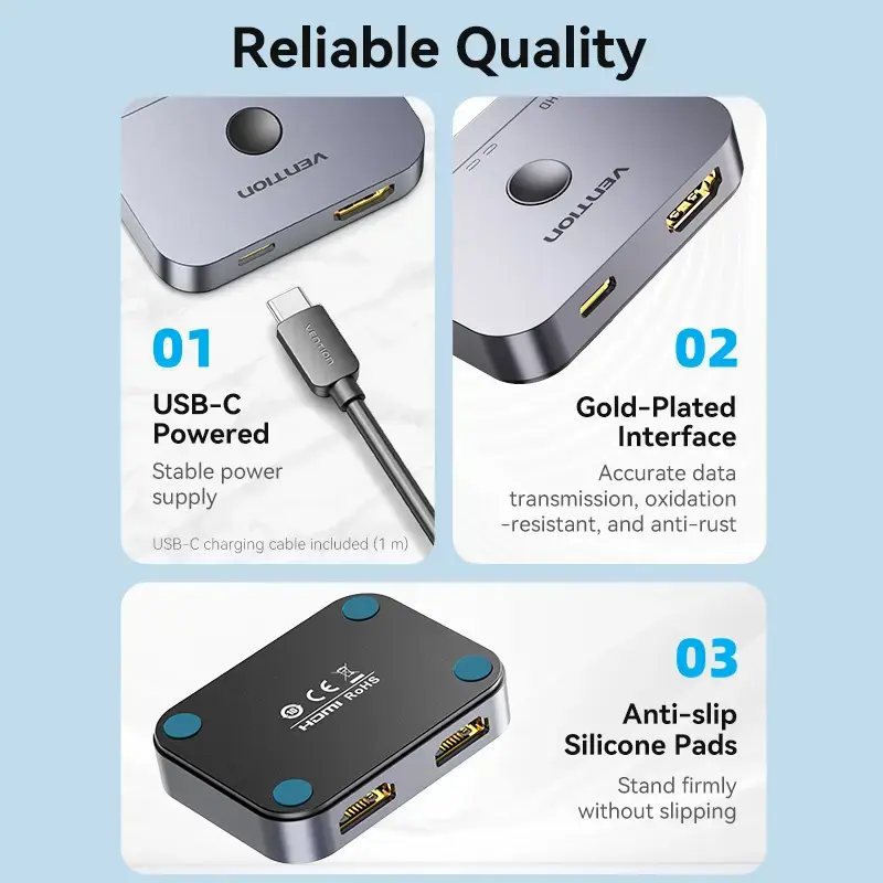 Vention 2-portu divvirzienu 8K HDMI slēdzis AKPH0, HDMI 2.1, 7680×4320@60Hz, USB-C barošana, alumīnijs, pelēks