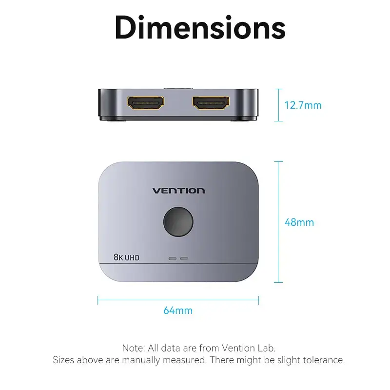 Vention 2-portu divvirzienu 8K HDMI slēdzis AKPH0, HDMI 2.1, 7680×4320@60Hz, USB-C barošana, alumīnijs, pelēks