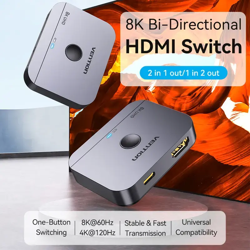 Vention 2-portu divvirzienu 8K HDMI slēdzis AKPH0, HDMI 2.1, 7680×4320@60Hz, USB-C barošana, alumīnijs, pelēks