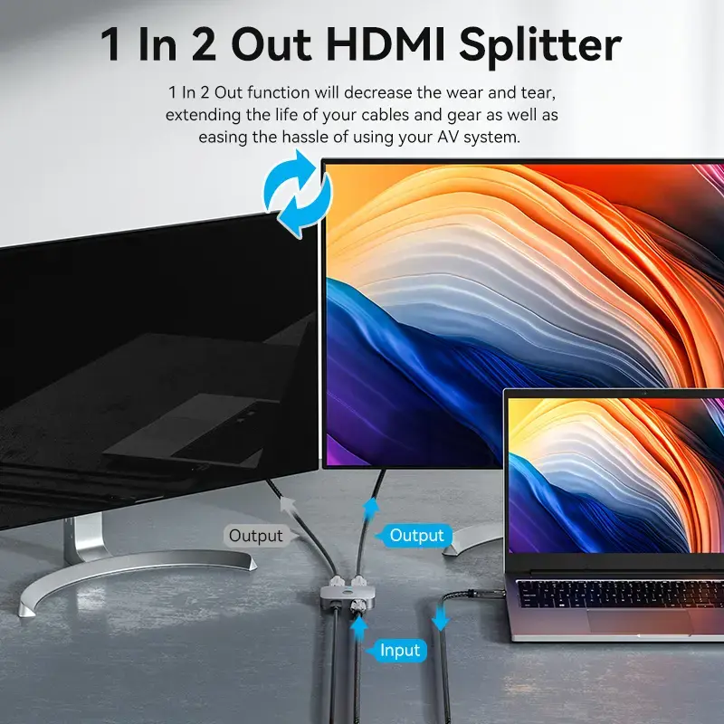 Vention 2-portu divvirzienu 8K HDMI slēdzis AKPH0, HDMI 2.1, 7680×4320@60Hz, USB-C barošana, alumīnijs, pelēks