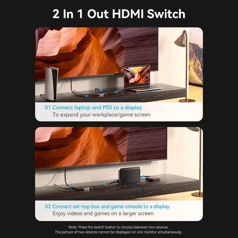 Vention 2-portu divvirzienu 8K HDMI slēdzis AKPH0, HDMI 2.1, 7680×4320@60Hz, USB-C barošana, alumīnijs, pelēks