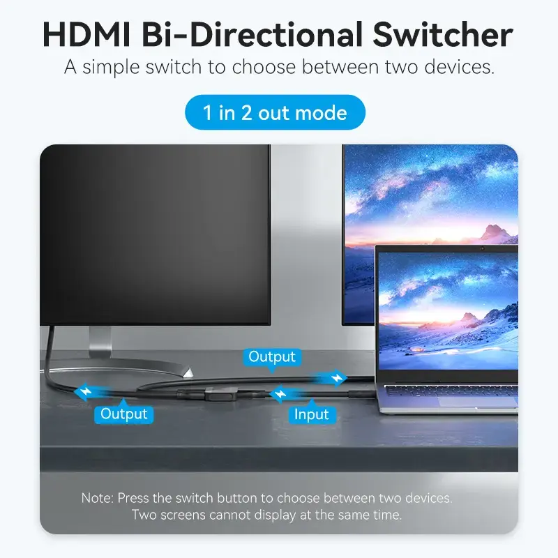 HDMI 2-Port Bi-Direction 4K Switcher Vention AKOB0 — 3 HDMI porti, 3840×2160@60Hz, ABS, Plug and Play