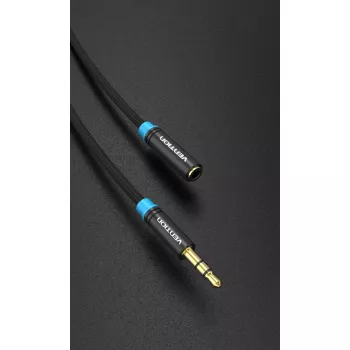 Audio pagarinātāja kabelis Vention 3.5mm 1,5 m, vīrišķais-uz-sievieti, kokvilnas pinums, melna metāla apdare