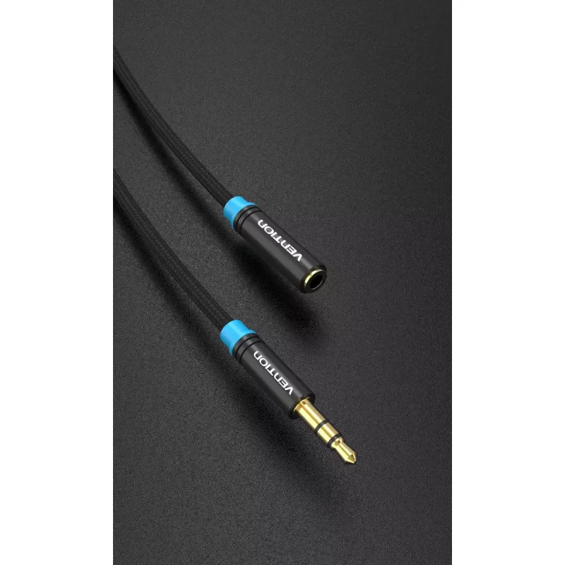 Audio pagarinātāja kabelis Vention 3.5mm 1,5 m, vīrišķais-uz-sievieti, kokvilnas pinums, melna metāla apdare
