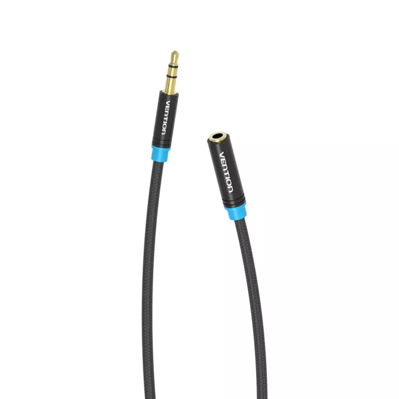 Audio pagarinātāja kabelis Vention 3.5mm 1,5 m, vīrišķais-uz-sievieti, kokvilnas pinums, melna metāla apdare