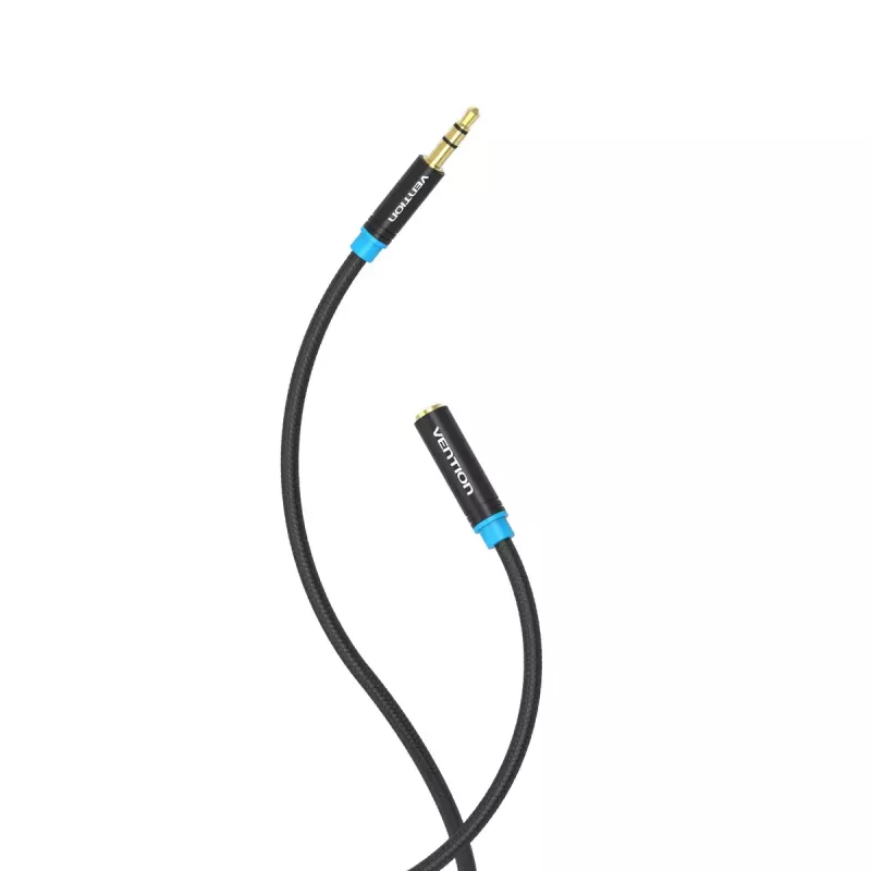Audio pagarinātāja kabelis Vention 3.5mm 1,5 m, vīrišķais-uz-sievieti, kokvilnas pinums, melna metāla apdare