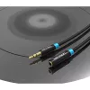 Audio pagarinātāja kabelis Vention 3.5mm 1,5 m, vīrišķais-uz-sievieti, kokvilnas pinums, melna metāla apdare