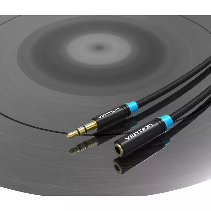 Audio pagarinātāja kabelis Vention 3.5mm 1,5 m, vīrišķais-uz-sievieti, kokvilnas pinums, melna metāla apdare