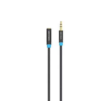 Audio pagarinātāja kabelis Vention 3.5mm 1,5 m, vīrišķais-uz-sievieti, kokvilnas pinums, melna metāla apdare