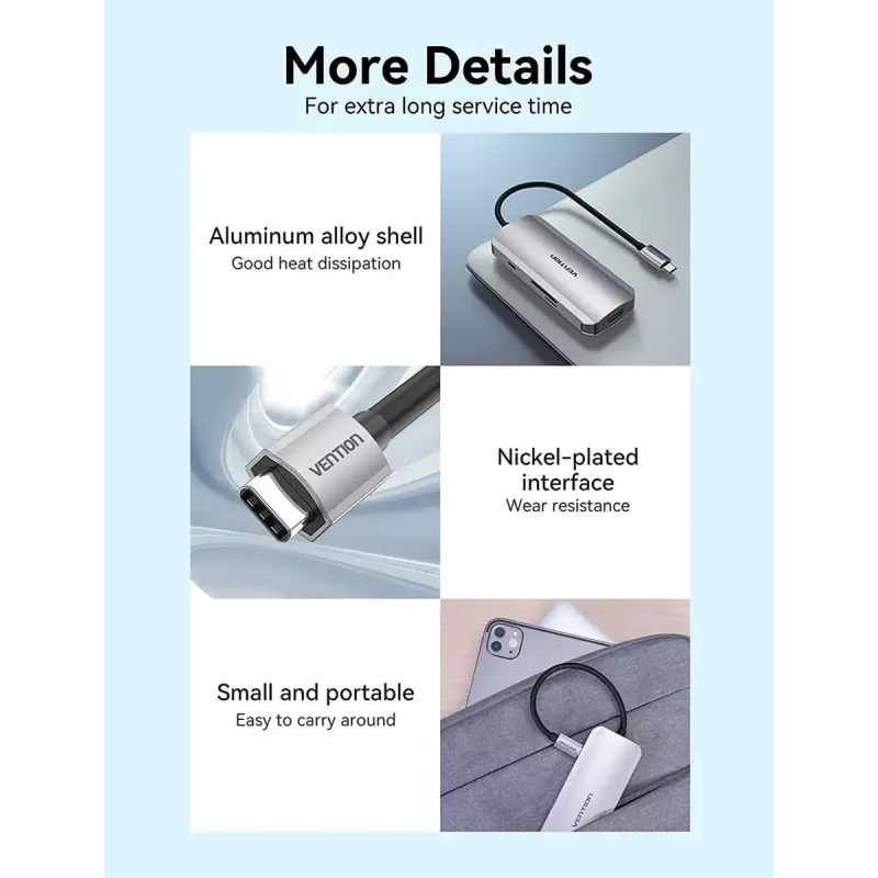 Docking Station Vention USB-C to HDMI USB 3.0x3 SD TF PD 100W Pelēks