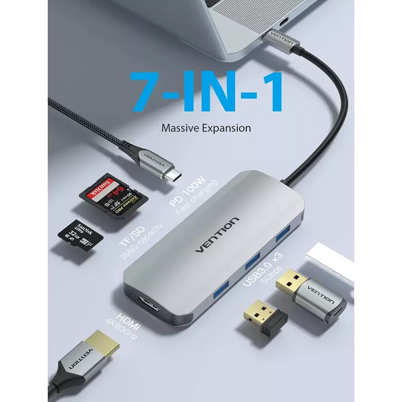 Docking Station Vention USB-C to HDMI USB 3.0x3 SD TF PD 100W Pelēks