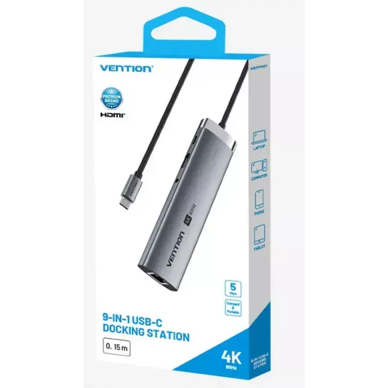 Dokstacija Vention 9-in-1 USB-C TGVHB — RJ-45, HDMI 4K@60Hz, USB 3.2 Gen1, SD/MicroSD, 1x USB-C