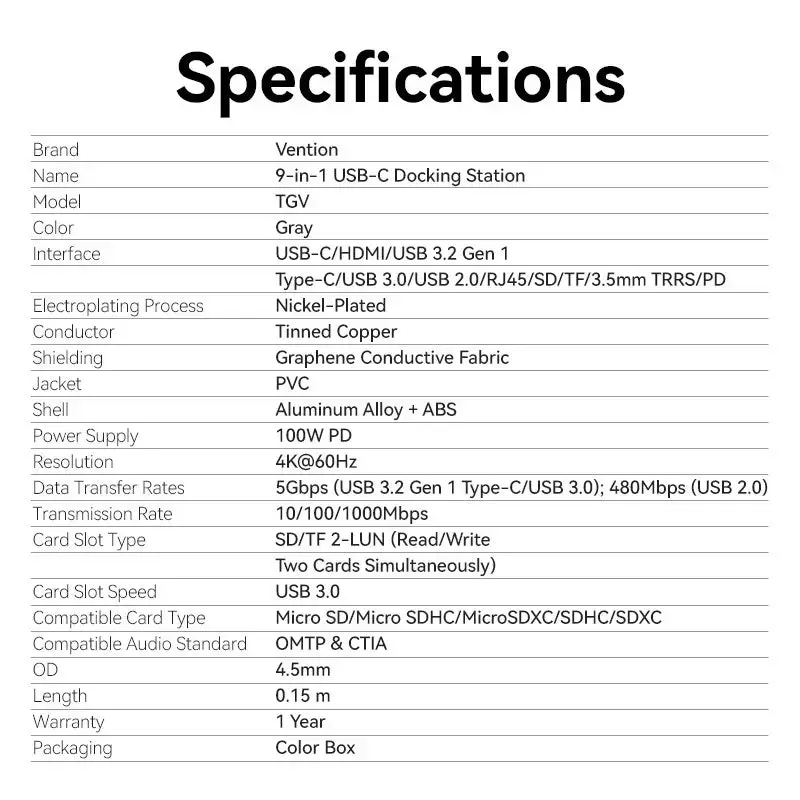 Dokstacija Vention 9-in-1 USB-C TGVHB — RJ-45, HDMI 4K@60Hz, USB 3.2 Gen1, SD/MicroSD, 1x USB-C