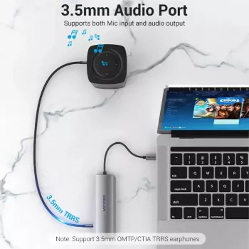 Vention daudzfunkciju USB-C dokstacija ar HDMI USB3.0x3 RJ45 SD TF TRRS 3.5mm PD 0.15M pelēks alumīnija sakausējums