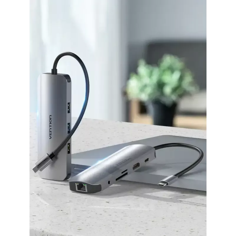 Vention daudzfunkciju USB-C dokstacija ar HDMI USB3.0x3 RJ45 SD TF TRRS 3.5mm PD 0.15M pelēks alumīnija sakausējums