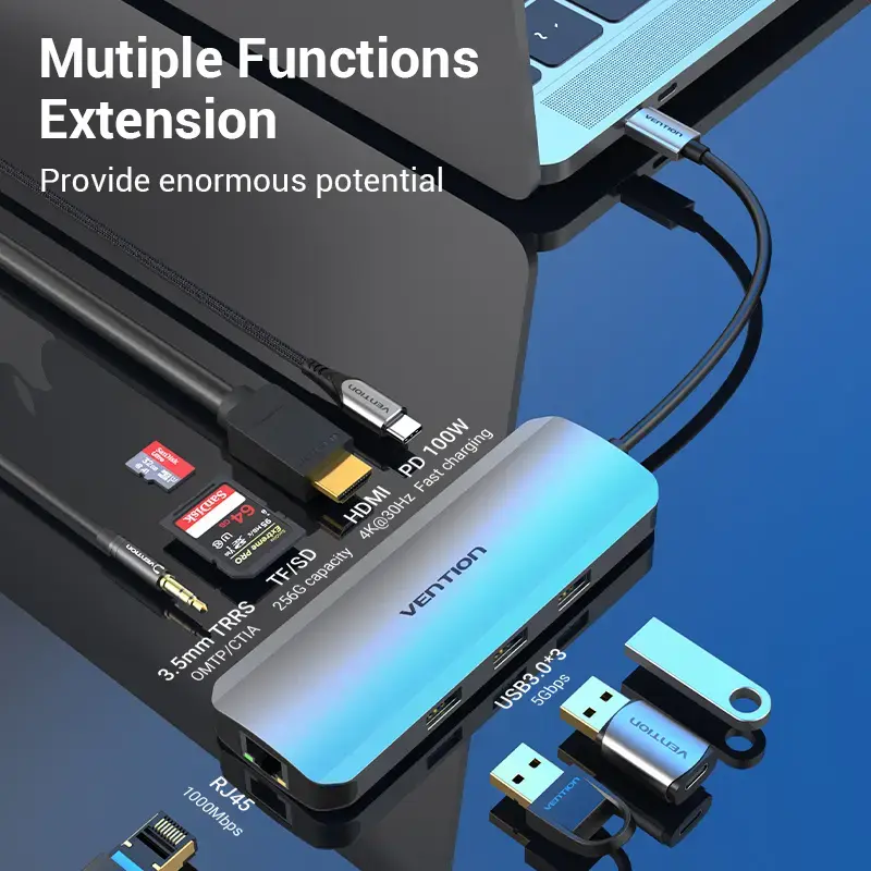 Vention daudzfunkciju USB-C dokstacija ar HDMI USB3.0x3 RJ45 SD TF TRRS 3.5mm PD 0.15M pelēks alumīnija sakausējums