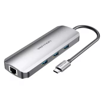 Vention daudzfunkciju USB-C dokstacija ar HDMI USB3.0x3 RJ45 SD TF TRRS 3.5mm PD 0.15M pelēks alumīnija sakausējums